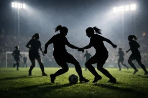 Illustration éditoriale générique d’un match de football féminin de jeunes disputé sous les projecteurs.