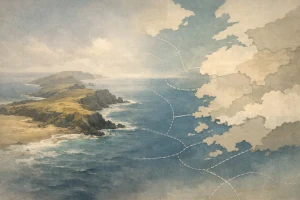 Illustration éditoriale générique d’une péninsule atlantique isolée et de limites côtières abstraites.