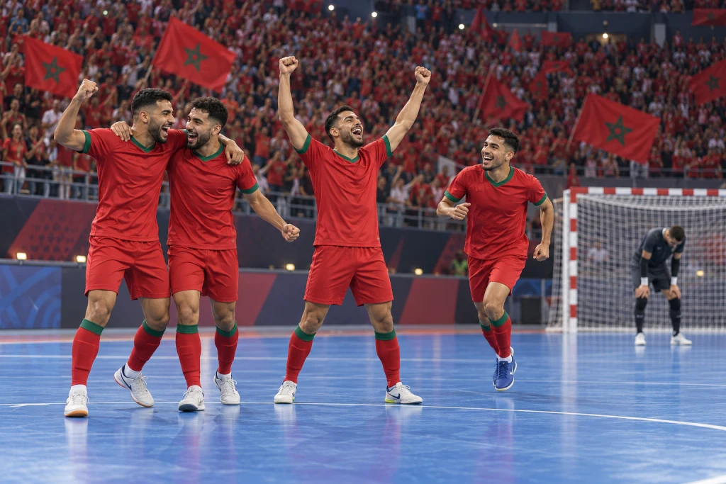 Illustration générée de quatre joueurs de futsal marocains célébrant une victoire devant un public aux couleurs du Maroc.