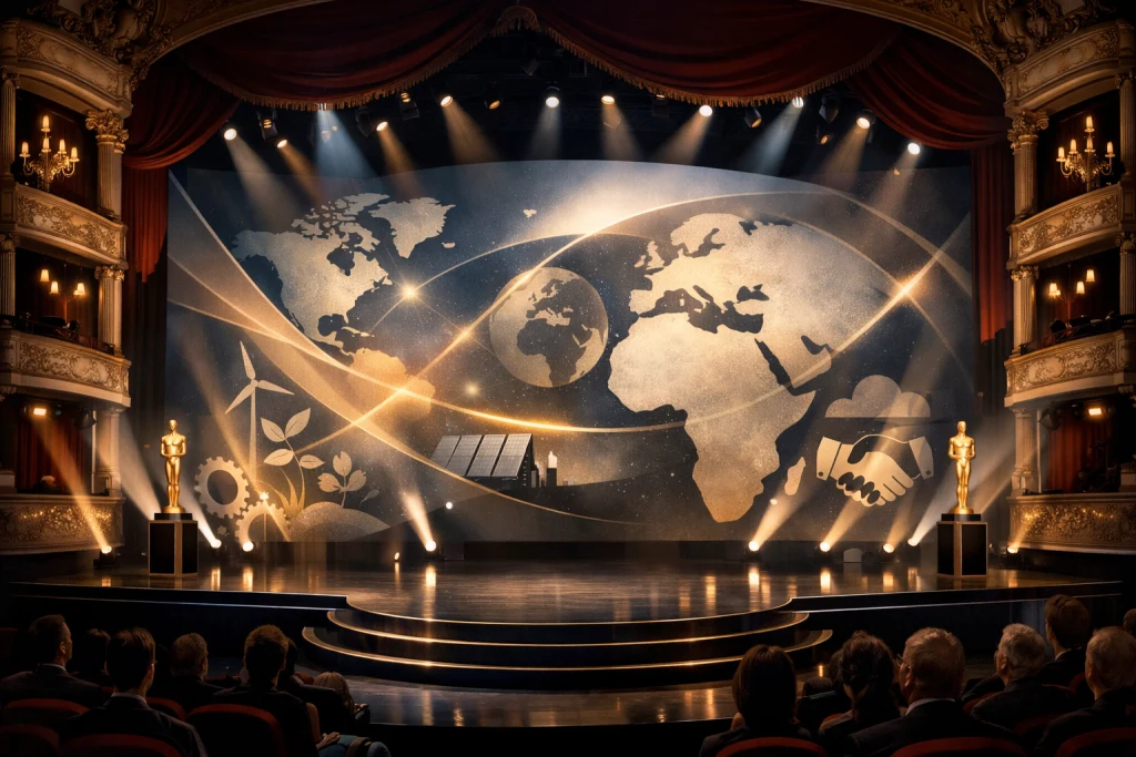 Illustration éditoriale générique d’une scène de théâtre accueillant une cérémonie consacrée à l’audiovisuel et à l’entrepreneuriat international.