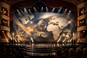 Illustration éditoriale générique d’une scène de théâtre accueillant une cérémonie consacrée à l’audiovisuel et à l’entrepreneuriat international.