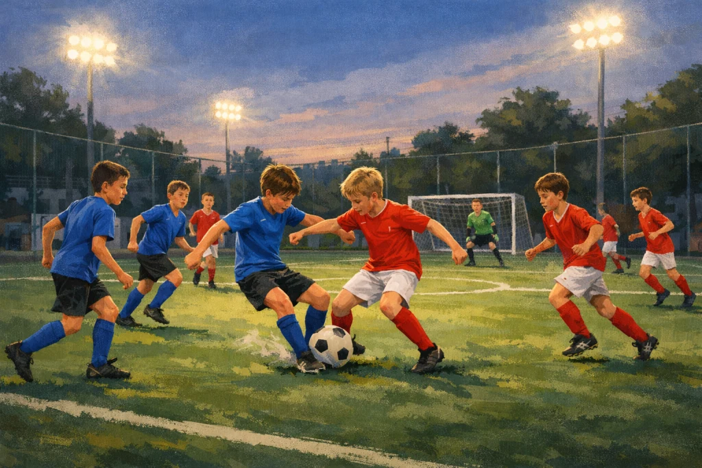 Illustration générique d’un match de football de jeunes à huit contre huit sur un terrain réduit.