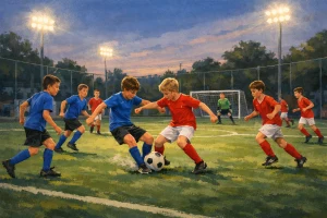 Illustration générique d’un match de football de jeunes à huit contre huit sur un terrain réduit.