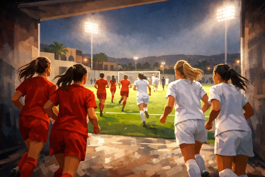 Illustration générique de joueuses anonymes entrant sur un terrain pour un match à élimination directe à Rabat.