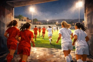 Illustration générique de joueuses anonymes entrant sur un terrain pour un match à élimination directe à Rabat.