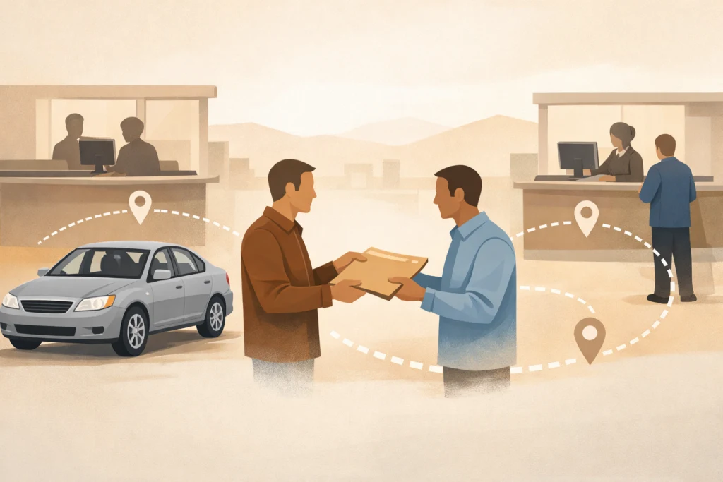 Illustration générique d’un dossier de transfert de propriété automobile pouvant être déposé dans deux zones administratives.