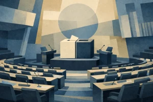 Illustration abstraite d’une enceinte diplomatique et d’un vote international partagé.