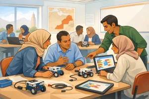 Illustration générique d’éducateurs participant à une formation pratique en intelligence artificielle, programmation et robotique éducative.