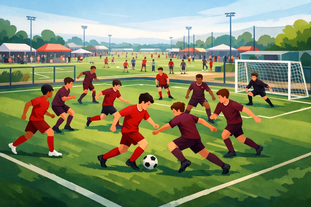 Illustration générique d’un match de football U15 à huit contre huit sur un terrain réduit.