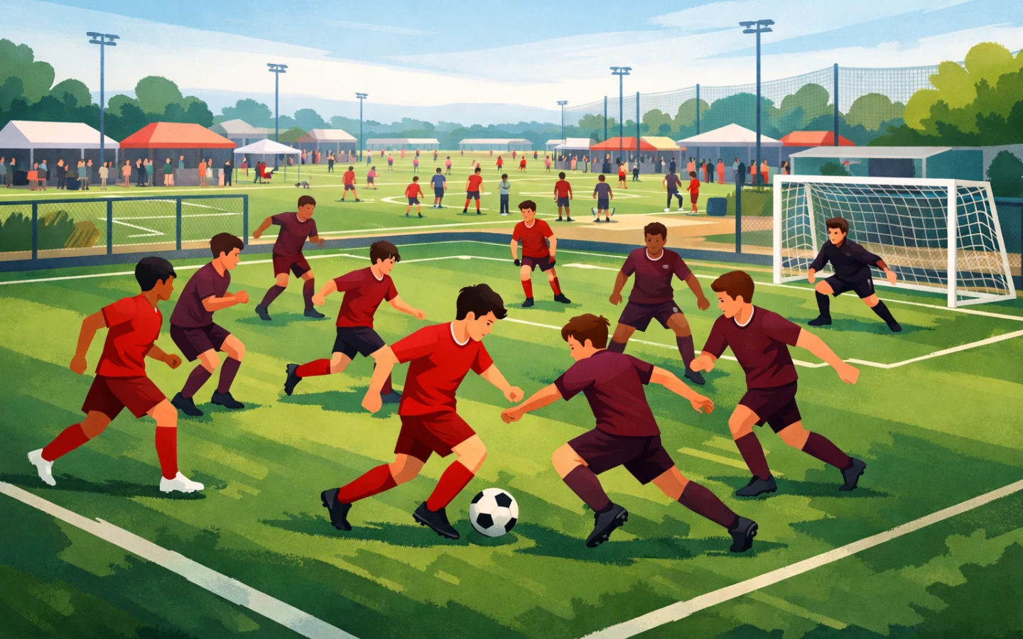 Illustration générique d’un match de football U15 à huit contre huit sur un terrain réduit.