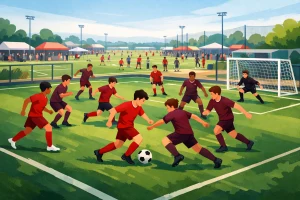 Illustration générique d’un match de football U15 à huit contre huit sur un terrain réduit.