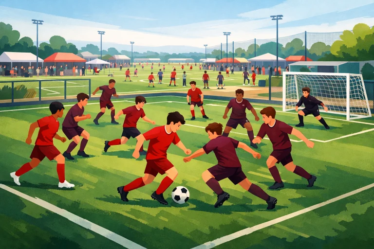 Illustration générique d’un match de football U15 à huit contre huit sur un terrain réduit.