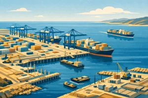 Illustration générique d’une extension de port à conteneurs avec quais, grues et navires de charge.