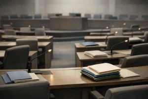 Illustration éditoriale générique d’une salle diplomatique après un vote sans résolution adoptée.