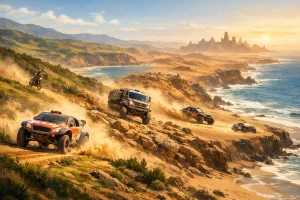 Illustration générique de véhicules de rallye-raid reliant les paysages du sud du Portugal aux pistes désertiques du Maroc.