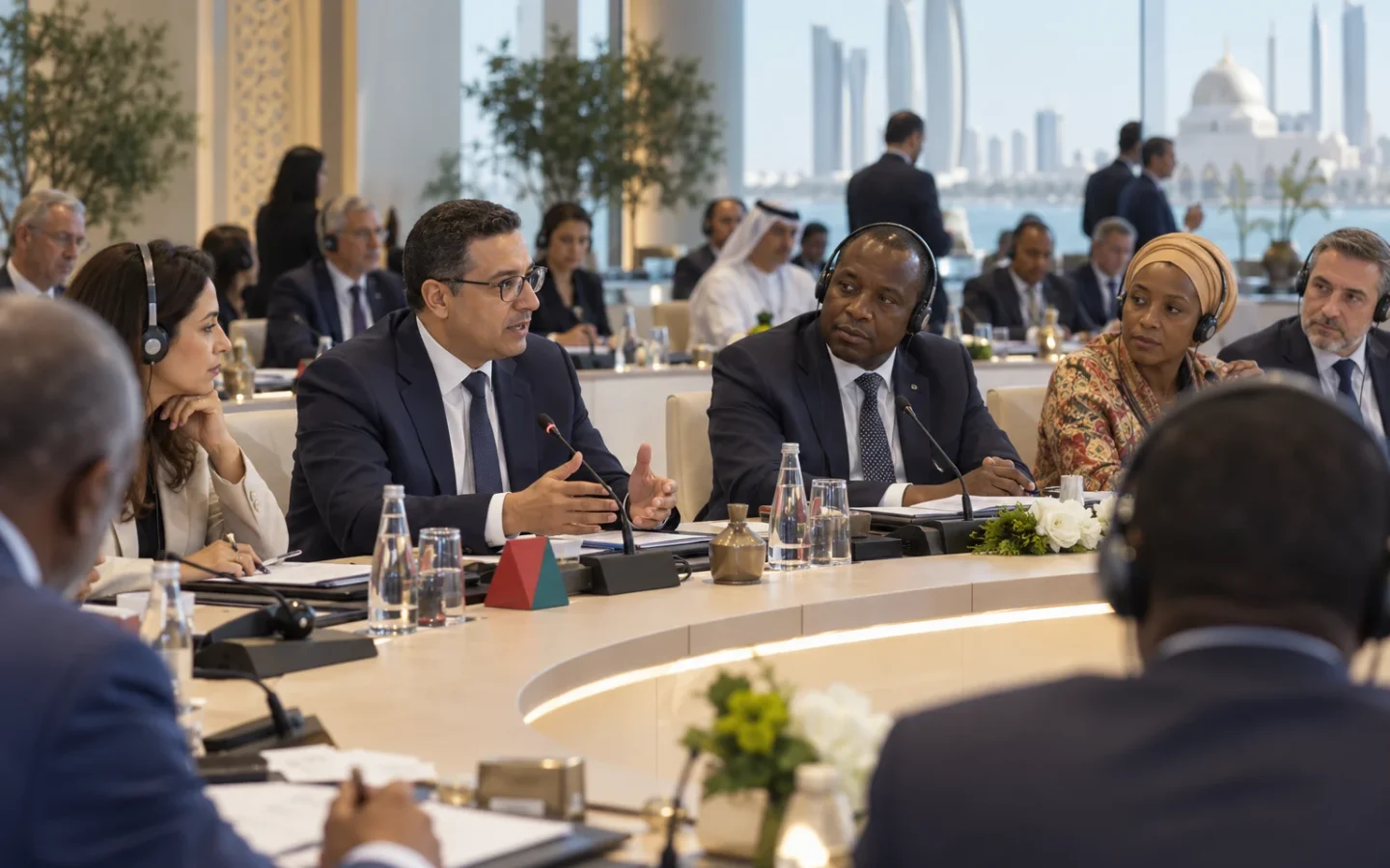 Diplomates fictifs réunis autour d’une table lors d’une conférence internationale sur la justice