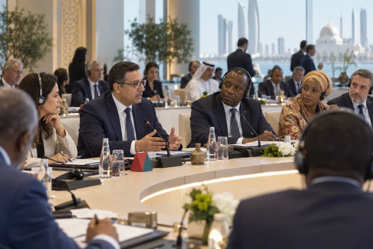 Diplomates fictifs réunis autour d’une table lors d’une conférence internationale sur la justice